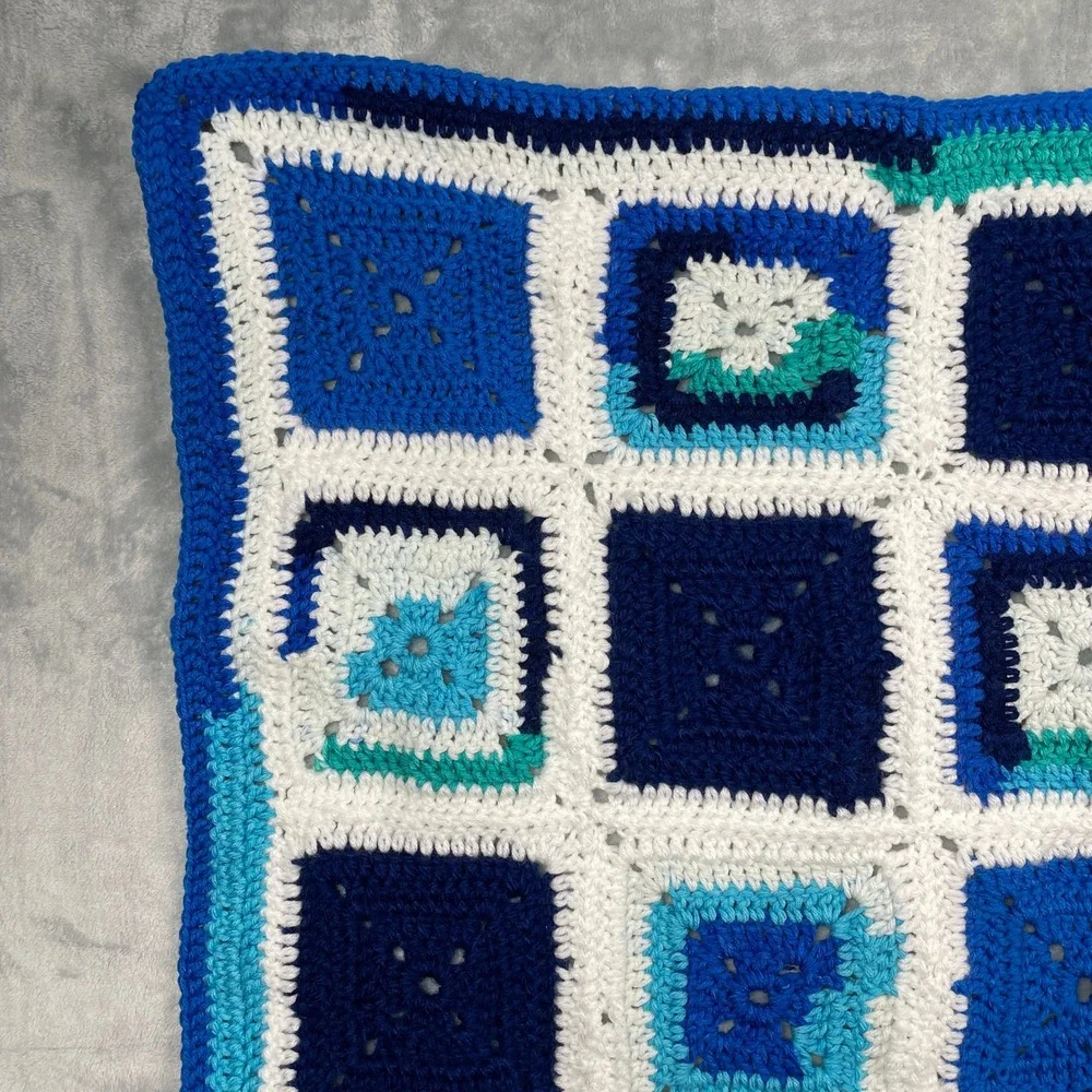 Handmade Granny Square Crochet Blanket Blue White Teal Throw Cozy 39 x 32